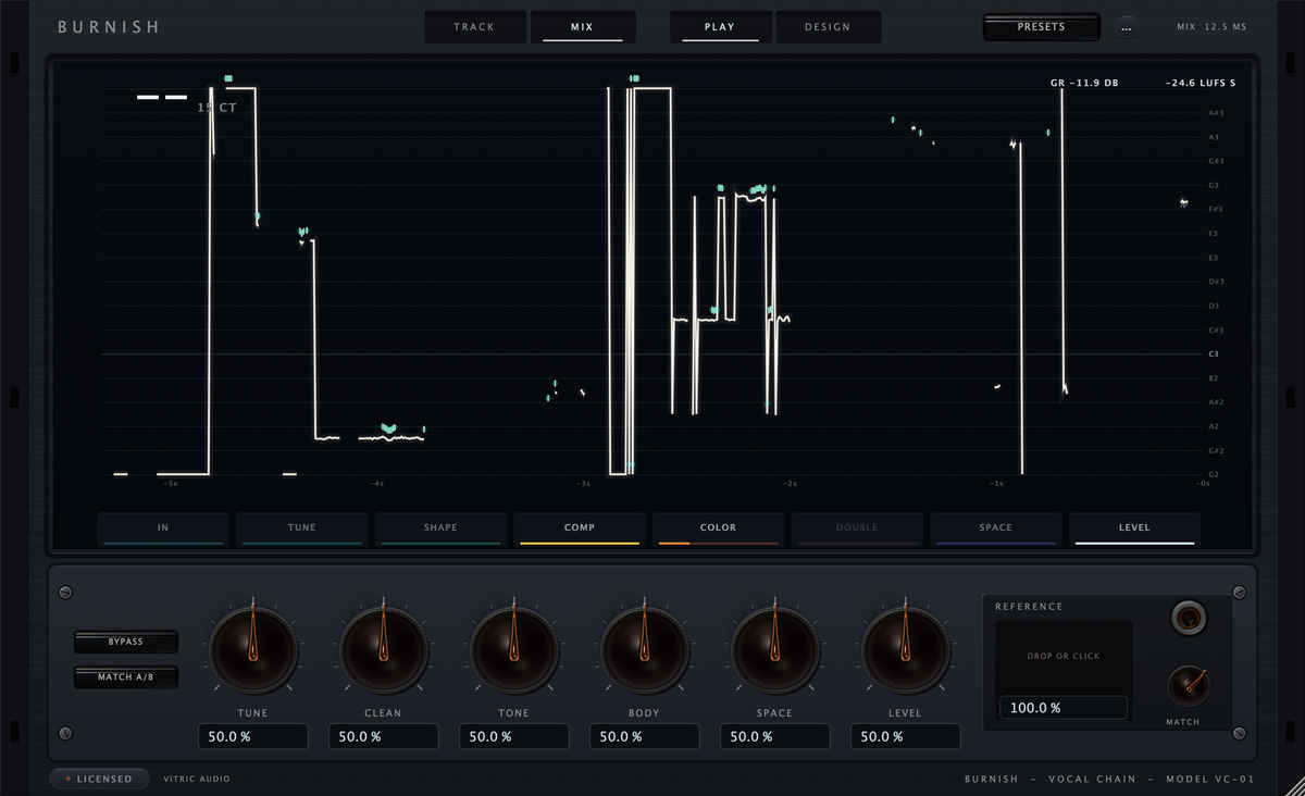 Burnish Vocal Chain in Play view on real music: a pitch trace drawn across the stage spectrum against its note ladder, the eight station tiles from IN to LEVEL beneath it, six macro knobs with their exact value fields, BYPASS and MATCH A/B at the left, and the REFERENCE well and MATCH knob at the right