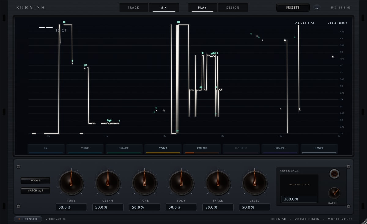 Burnish Vocal Chain in Play view on real music: a pitch trace drawn across the stage spectrum against its note ladder, the eight station tiles from IN to LEVEL beneath it, six macro knobs with their exact value fields, BYPASS and MATCH A/B at the left, and the REFERENCE well and MATCH knob at the right