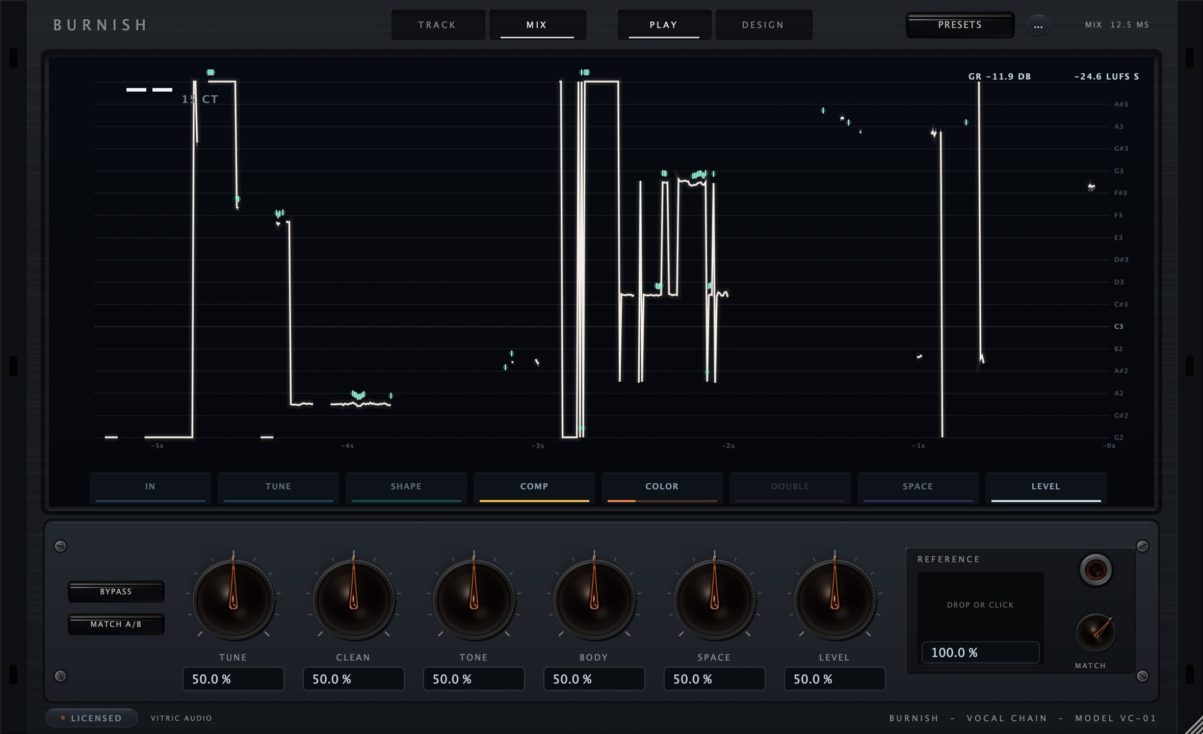 Burnish Vocal Chain in Play view on real music: a pitch trace drawn across the stage spectrum against its note ladder, the eight station tiles from IN to LEVEL beneath it, six macro knobs with their exact value fields, BYPASS and MATCH A/B at the left, and the REFERENCE well and MATCH knob at the right