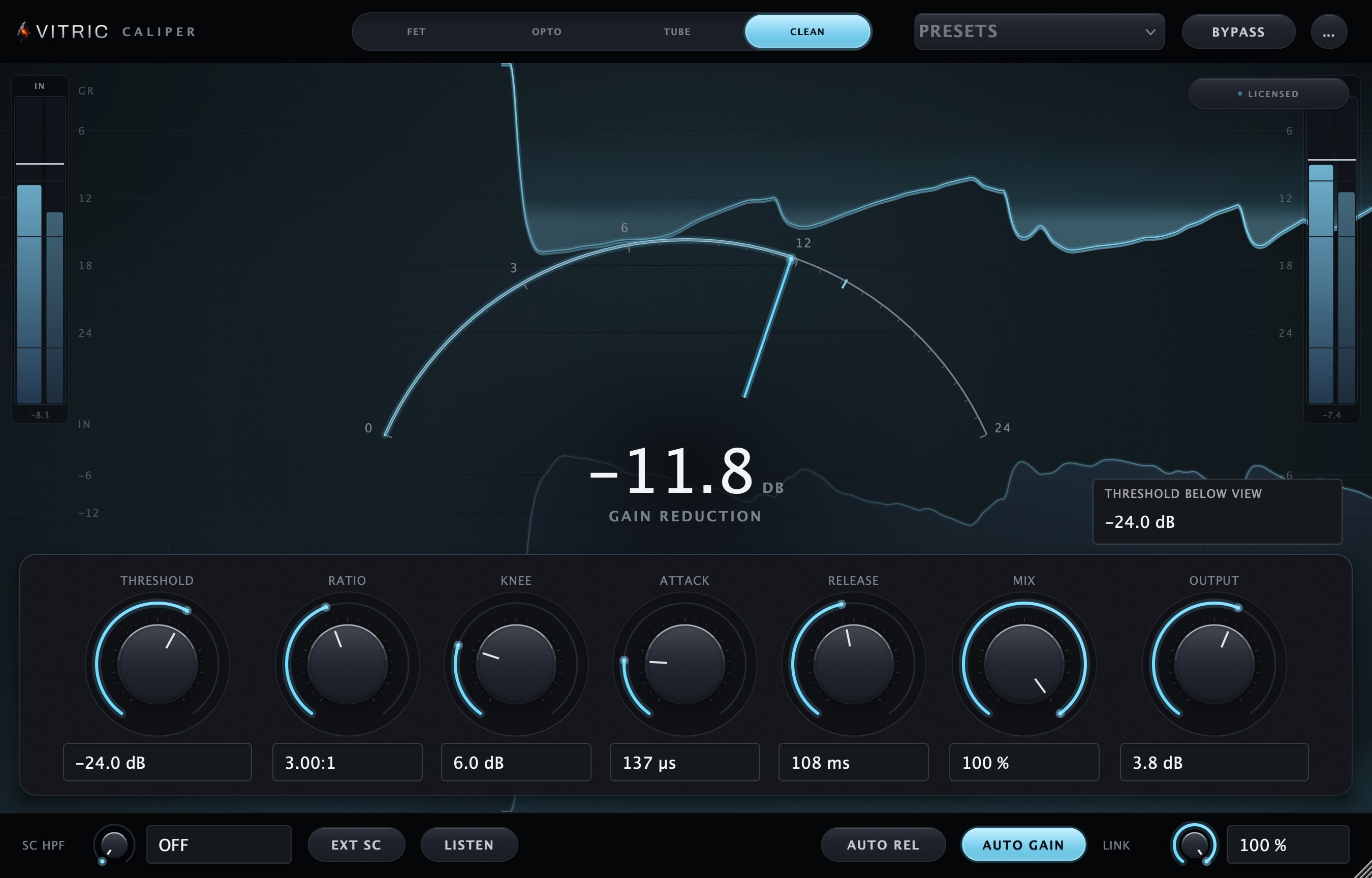Caliper Compressor 1.1.0 in Clean mode on a full mix: the gain-reduction curtain and input history across the display, the needle at 11.8 dB, and the control bar reading −24.0 dB, 3.00:1, 6.0 dB, 137 µs, 108 ms, 100 % and 3.8 dB