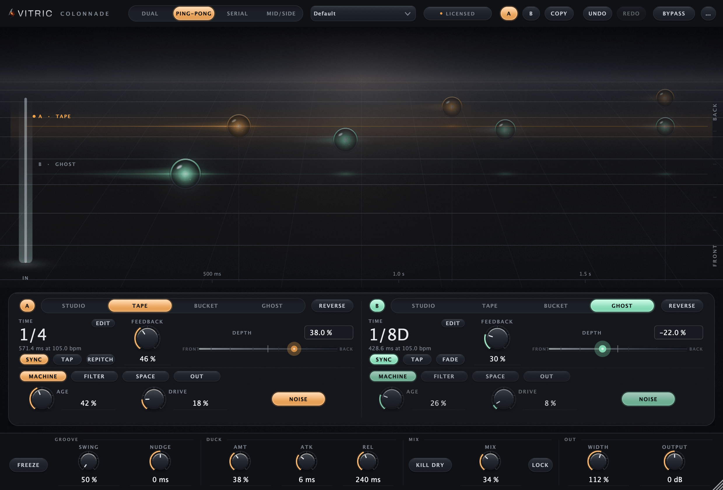 Colonnade Delay 1.1.0, licensed, working on a 105 bpm beat: PING-PONG routing, engine A tagged TAPE on a synced 1/4 staged back and left, engine B tagged GHOST on a synced 1/8 dotted staged front and right, both echo trains alive along the stage's time ruler.