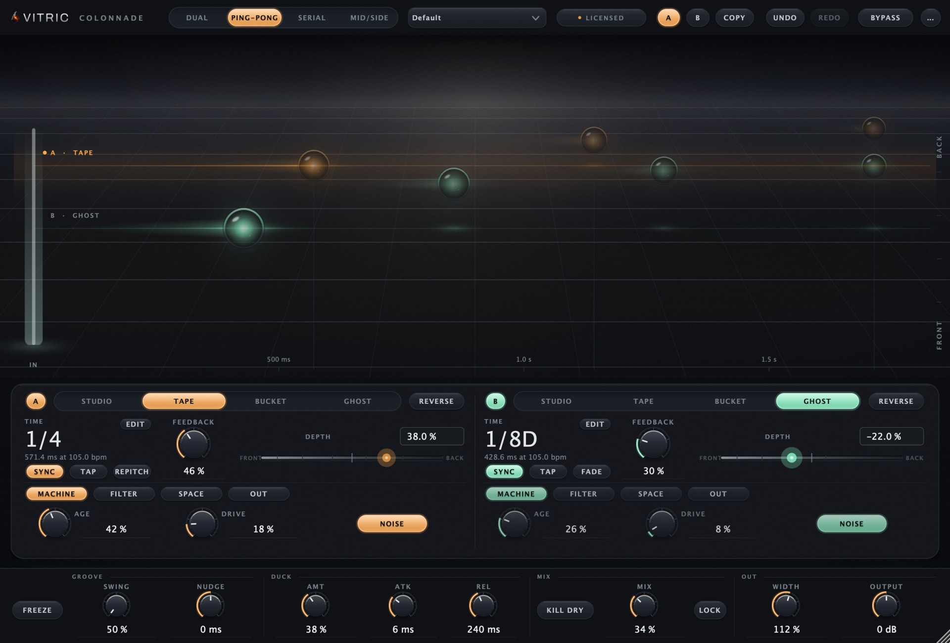 Colonnade Delay 1.1.0, licensed, working on a 105 bpm beat: PING-PONG routing, engine A tagged TAPE on a synced 1/4 staged back and left, engine B tagged GHOST on a synced 1/8 dotted staged front and right, both echo trains alive along the stage's time ruler.