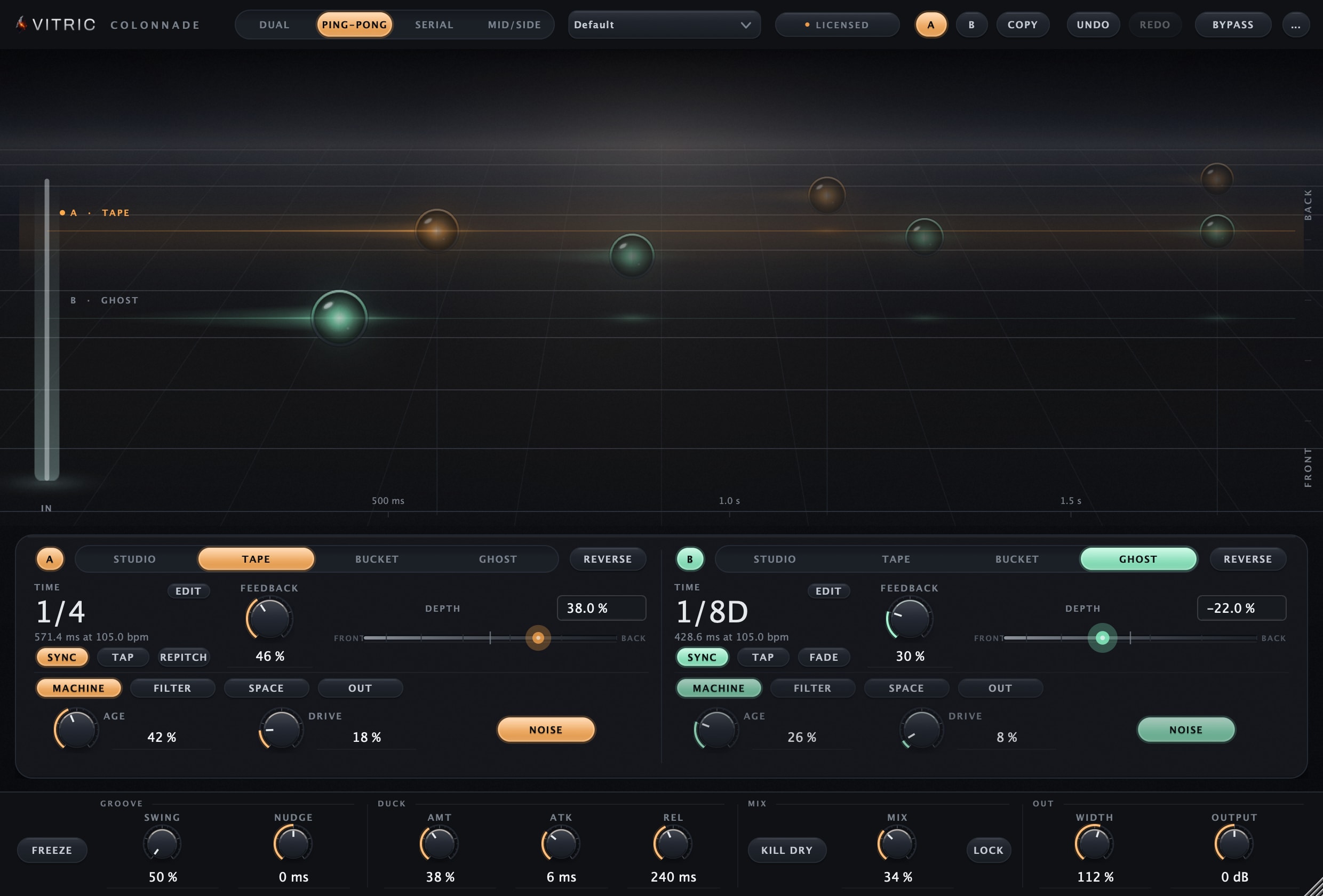 Colonnade Delay 1.1.0, licensed, working on a 105 bpm beat: PING-PONG routing, engine A tagged TAPE on a synced 1/4 staged back and left, engine B tagged GHOST on a synced 1/8 dotted staged front and right, both echo trains alive along the stage's time ruler.