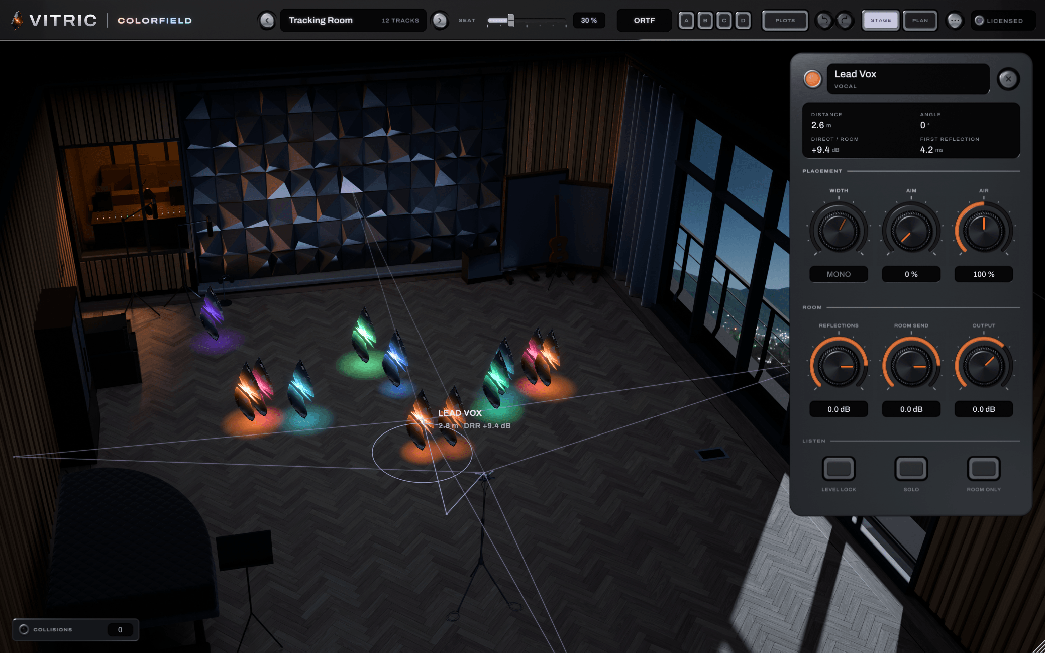 Colorfield Mix Stage 1.0.7 in the Tracking Room: a twelve-track band standing as lit glass shards in one room, the Lead Vox selected at the front with its reflection paths, and its deck open at the right reading 2.6 m, 0 degrees, direct to room +9.4 dB and first reflection 4.2 ms