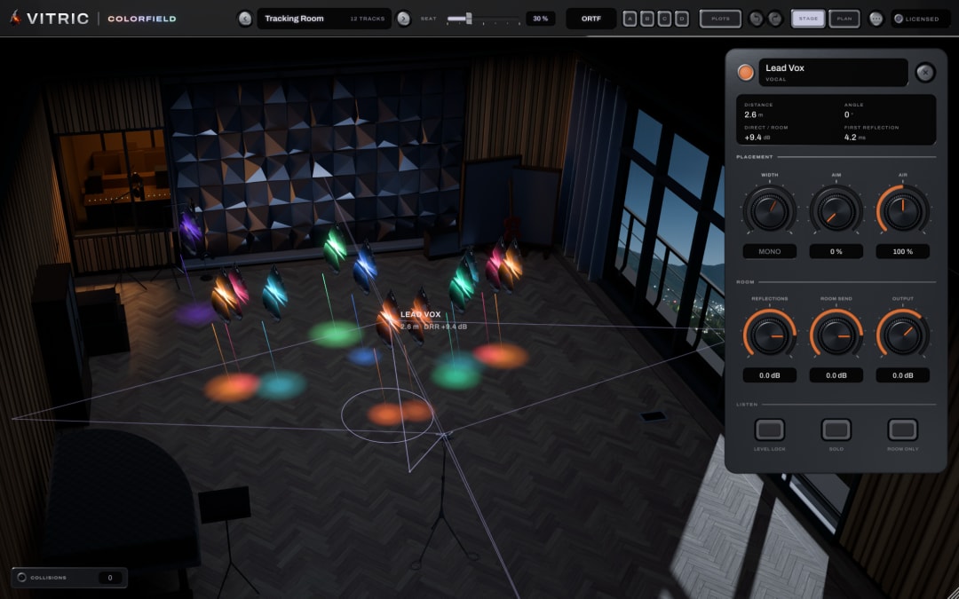 Colorfield Mix Stage 1.0.5 in the Tracking Room: a twelve-track band standing as lit glass shards in one room, the Lead Vox selected at the front with its reflection paths, and its deck open at the right reading 2.6 m, 0 degrees, direct to room +9.4 dB and first reflection 4.2 ms