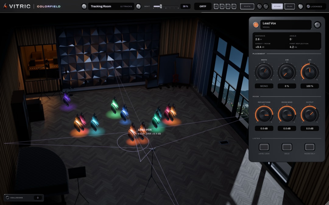 Colorfield Mix Stage 1.0.7 in the Tracking Room: a twelve-track band standing as lit glass shards in one room, the Lead Vox selected at the front with its reflection paths, and its deck open at the right reading 2.6 m, 0 degrees, direct to room +9.4 dB and first reflection 4.2 ms