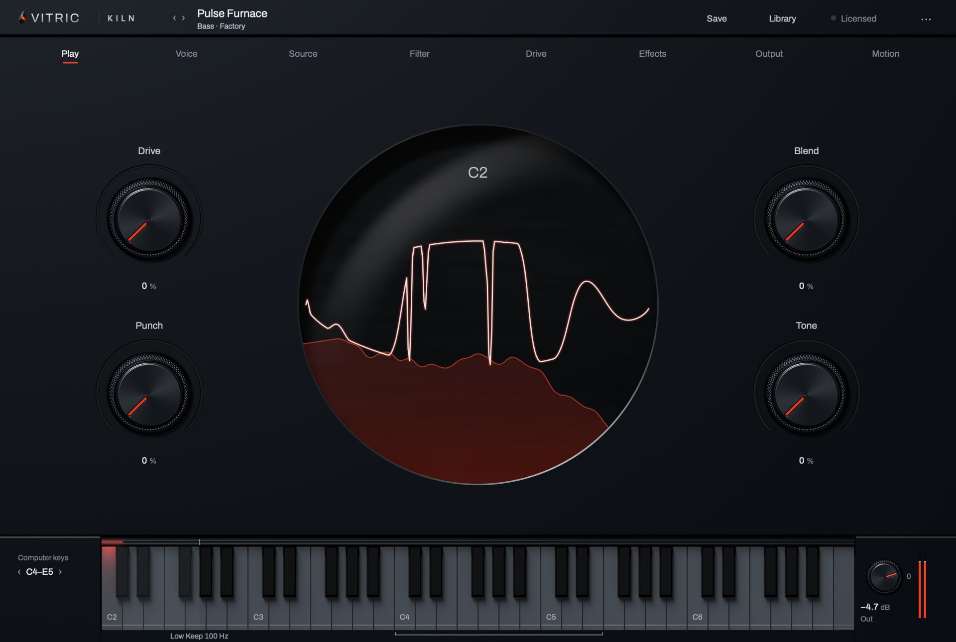 Kiln Synthesizer 1.0, licensed, playing C2 on the factory bass Pulse Furnace: the round glass window in the middle draws the waveform over its spectrum, the preset's Drive, Punch, Blend and Tone macros sit either side, and the keyboard runs along the foot.