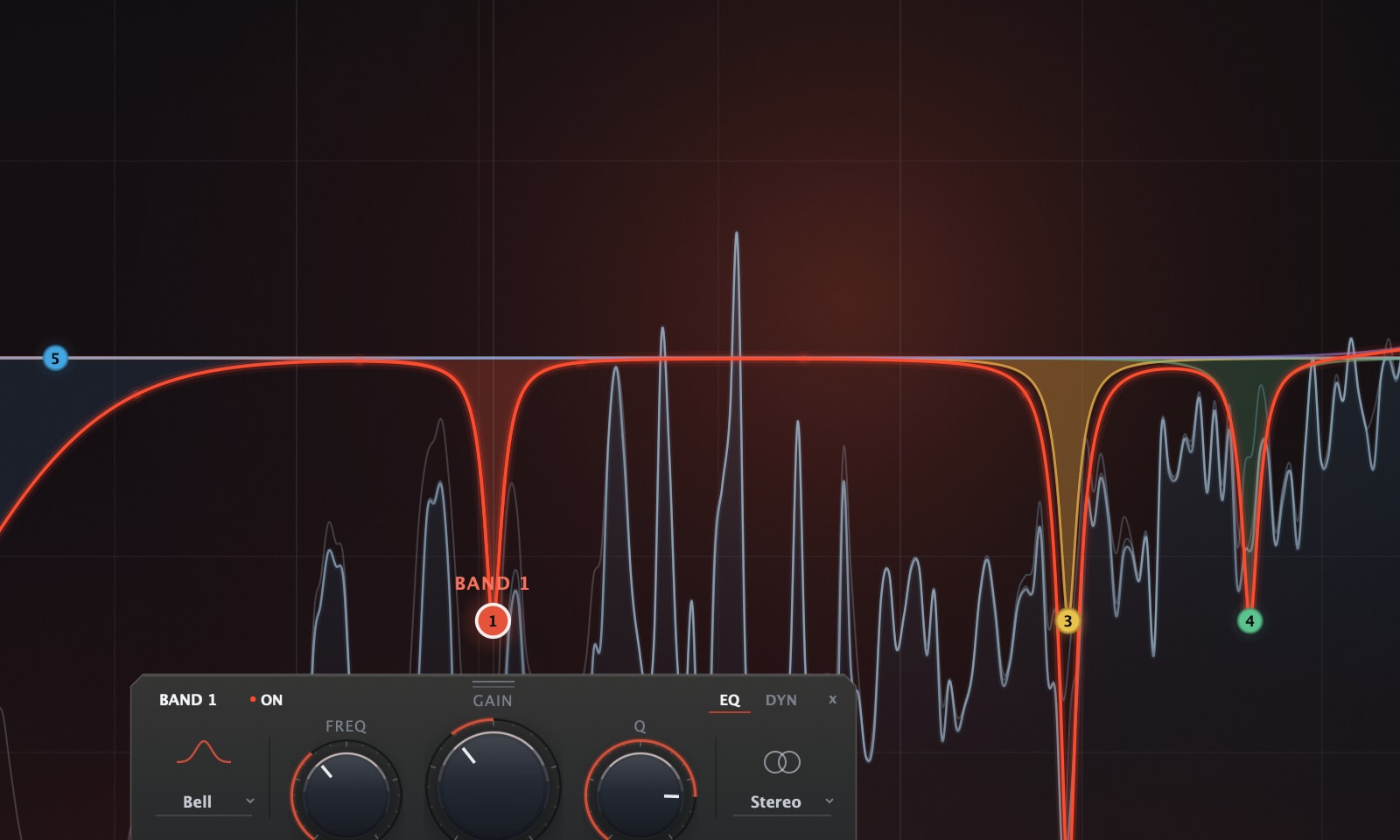 Bevel EQ resonance hunt: four narrow notches on a full mix with the pre and post analyzer traces drawn together under the curve