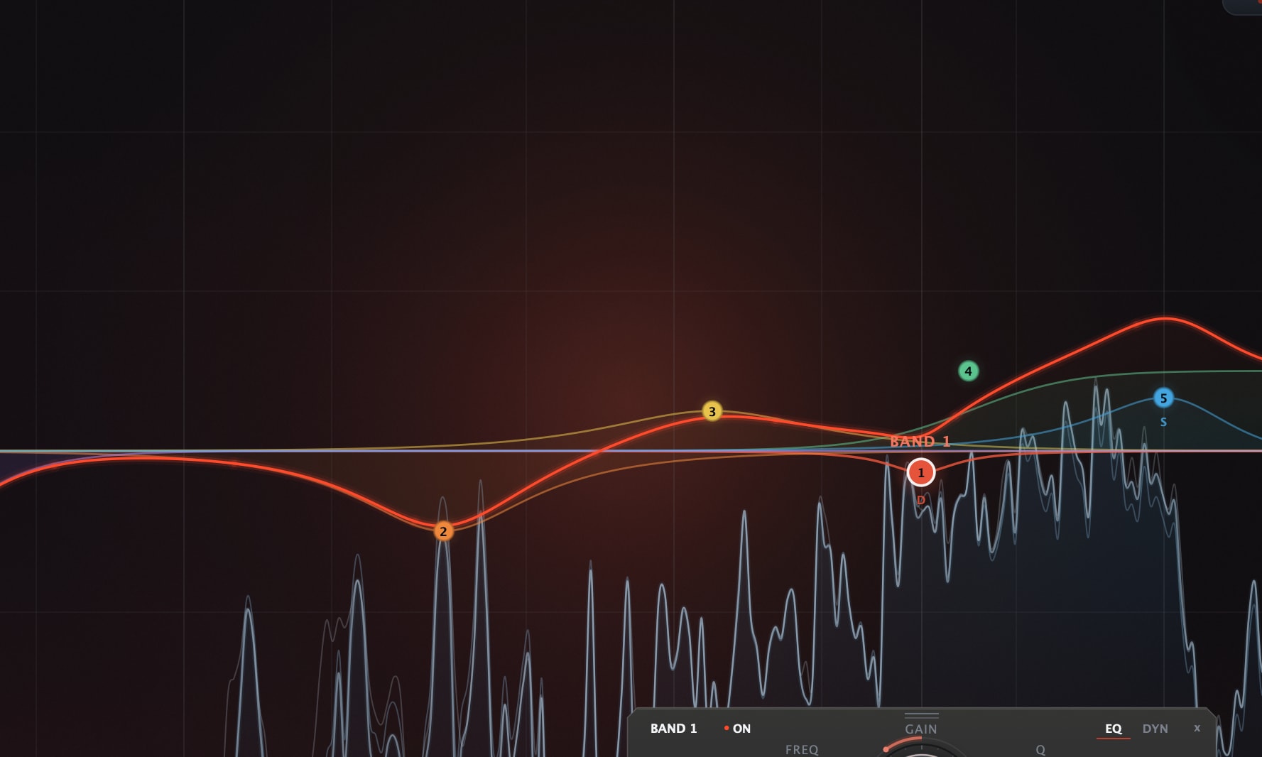 Bevel EQ 1.2 licensed interface on a full mix: six working bands, the ember summed curve, the band plate open on a dynamic bell at 3.2 kHz, and both analyzer traces drawn from real music