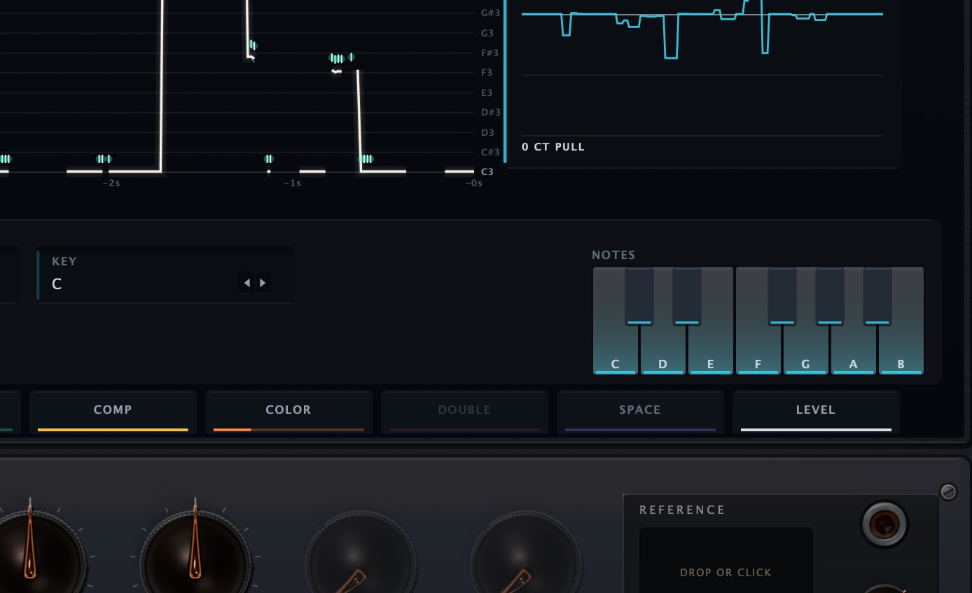 Burnish in Design view on the TUNE station: the KEY cell reading C with its stepper arrows, the NOTES keyboard with every note lit, and the station tiles from COMP to LEVEL beneath them
