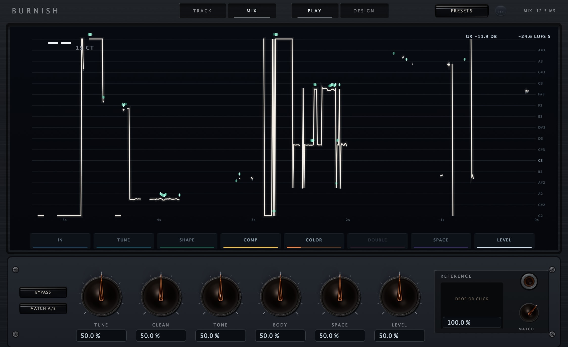 Burnish Vocal Chain in Play view on real music: the pitch trace running across the stage spectrum against its note ladder, GR -11.9 DB and -24.6 LUFS S read out above it, the eight station tiles from IN to LEVEL, six macro knobs with their exact value fields, BYPASS and MATCH A/B at the left, and the REFERENCE well at the right