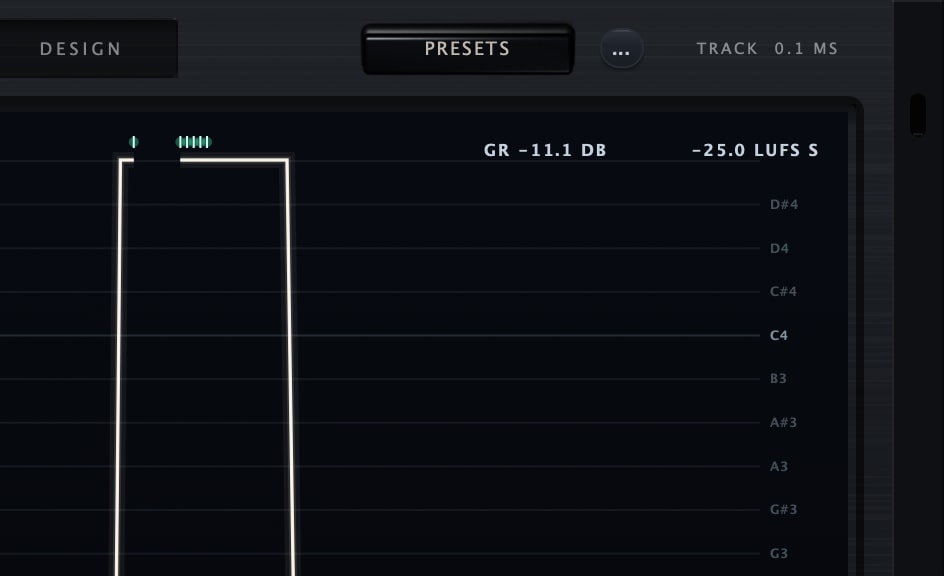 Burnish's header in Track mode: the PRESETS button, the options button and the latency readout reading TRACK 0.1 MS, with GR -11.1 DB and -25.0 LUFS S on the stage below