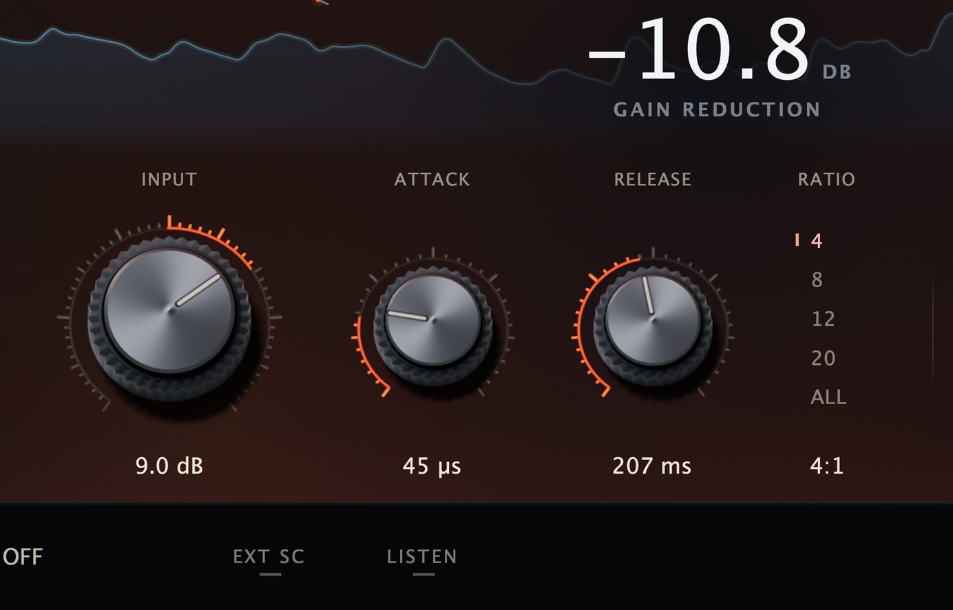 Caliper Compressor in FET mode, the plate relit ember: Input 9.0 dB, Attack 45 µs, Release 207 ms, the ratio stack with ALL selected, Mix 100 % and Output −3.0 dB