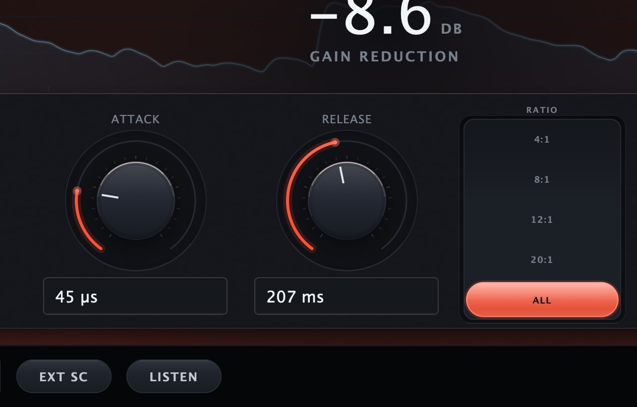 Caliper Compressor in FET mode, the plate relit ember: Input 9.0 dB, Attack 45 µs, Release 207 ms, the ratio stack with ALL selected, Mix 100 % and Output −3.0 dB