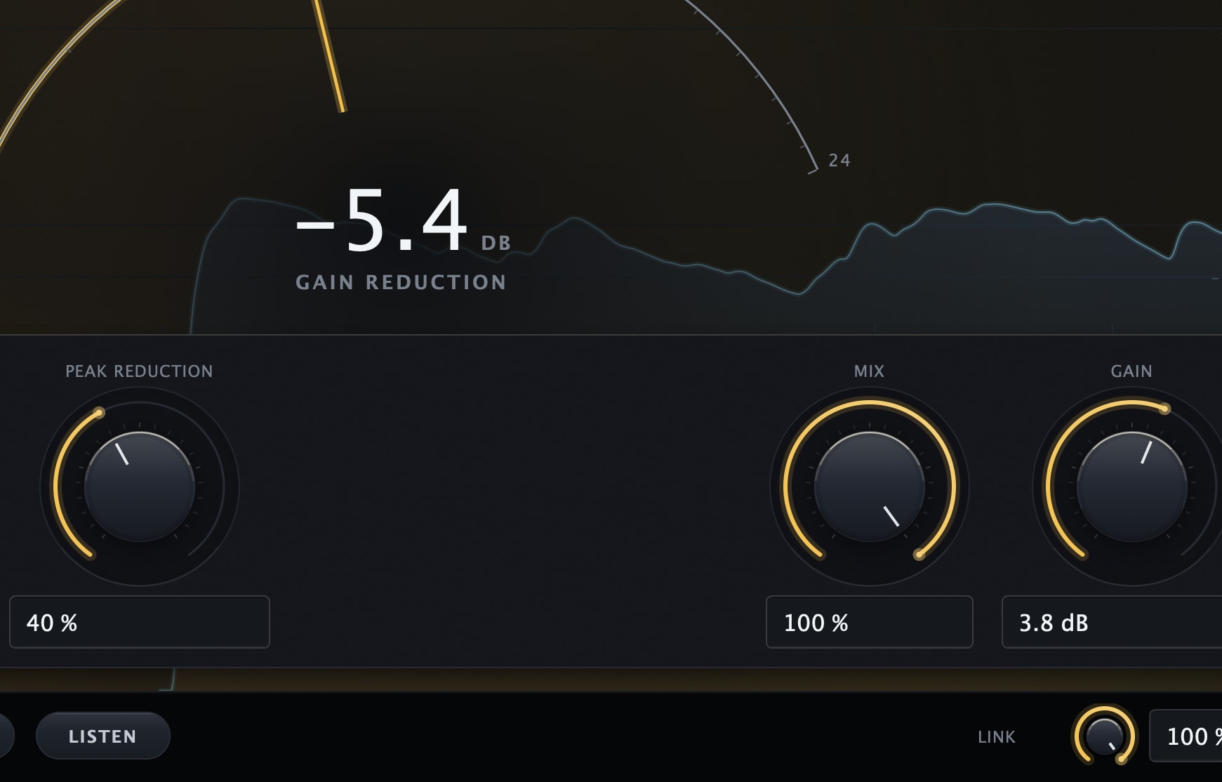 Caliper Compressor in Opto mode, the plate relit gold: a single Peak Reduction knob at 40 % on the bar with Mix at 100 % and Gain at 3.8 dB, and 5.4 dB of reduction on the needle
