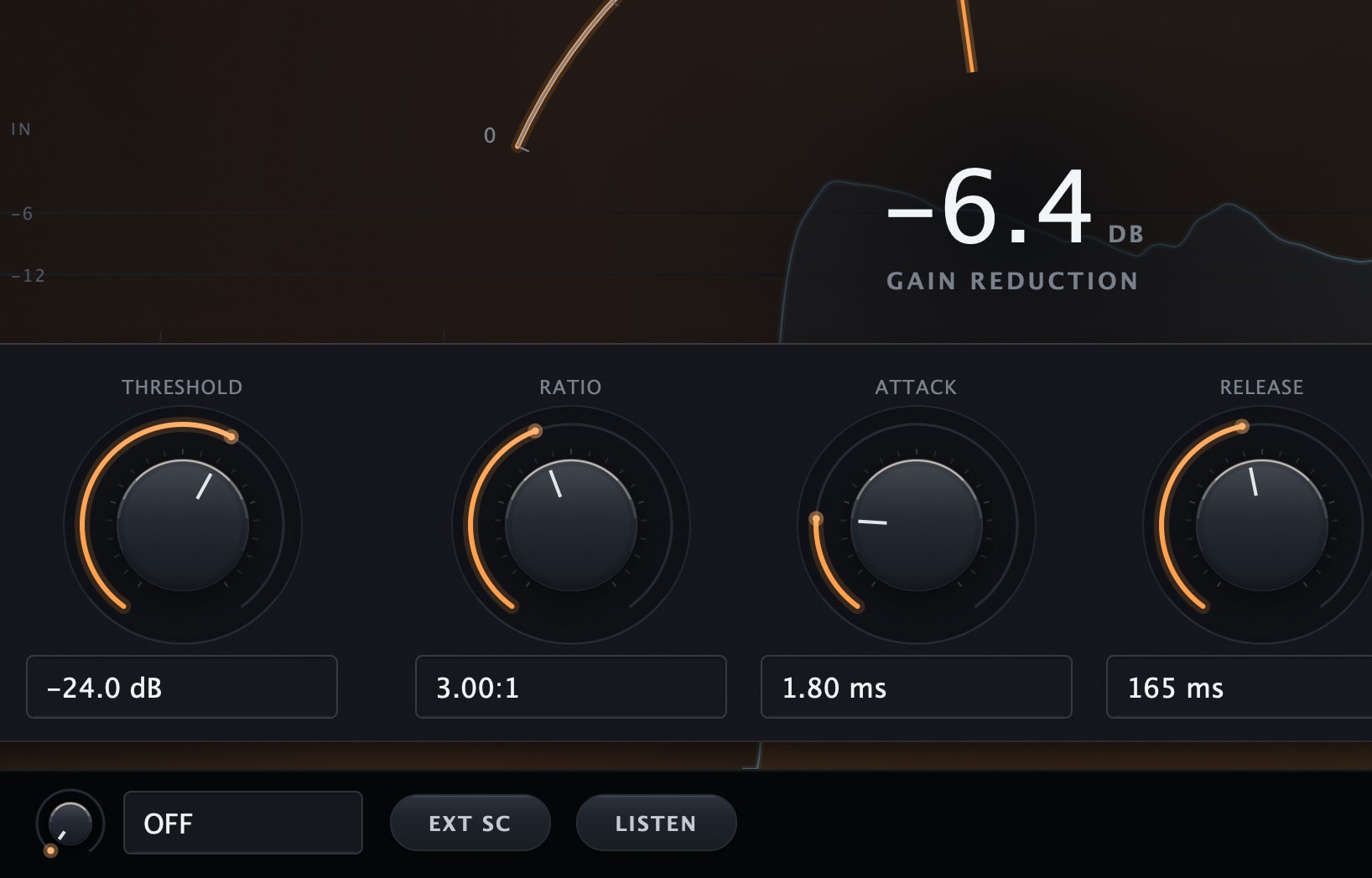 Caliper Compressor in Tube mode, the plate relit amber: Threshold −24.0 dB, Ratio 3.00:1, Attack 1.80 ms, Release 165 ms, Mix 100 %, Output 3.8 dB, no Knee knob, and Auto Gain lit in the strip below