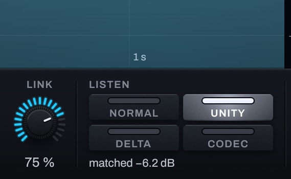 Clearwall Limiter's Listen keys with UNITY lit and the caption matched -6.2 dB, under the analyzer at -8.0 LUFS