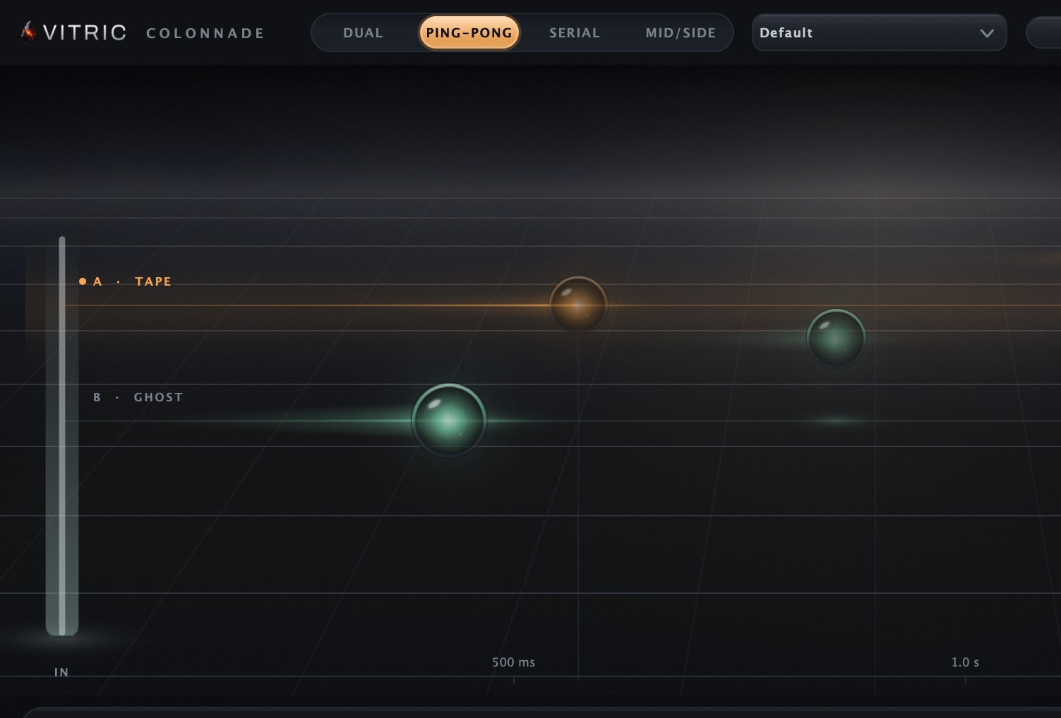 Colonnade Delay 1.1.0 licensed interface on a 105 bpm beat: PING-PONG lit in the routing row, engine A tagged TAPE on the back lane, engine B tagged GHOST in front, both echo trains drawn along the time ruler from IN past 500 ms to 1.0 s