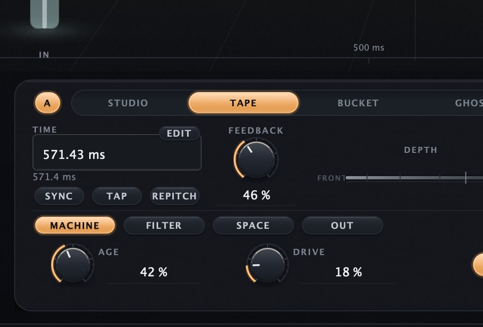 Colonnade Delay engine A TIME block with the exact-value field open and 571.43 ms entered, the EDIT chip above it, the 571.4 ms unit line under it and SYNC, TAP and REPITCH beneath that