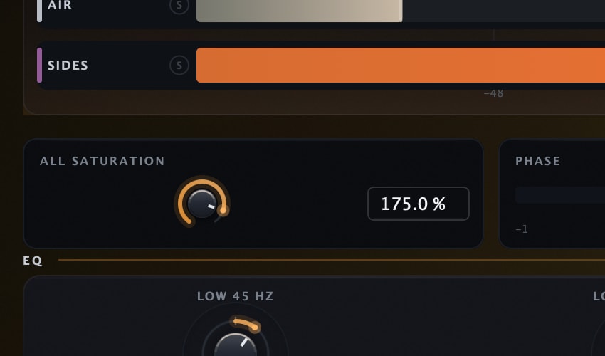 The ALL SATURATION cell on the Bus window: its knob near the top of the arc with the field reading 175.0 percent, the AIR and SIDES lanes above it and the EQ section rule below