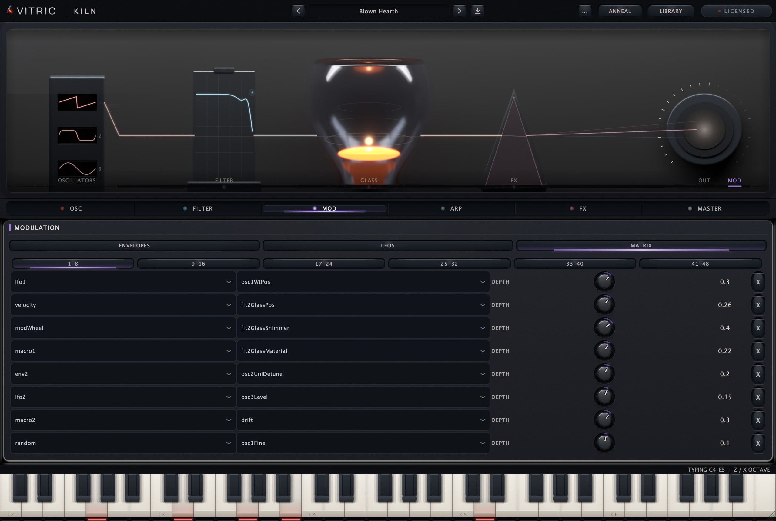 Kiln's MODULATION section on the MATRIX page: eight rows, each pairing a source such as lfo1, velocity, modWheel, macro1 or macro2 with a destination and a depth value.