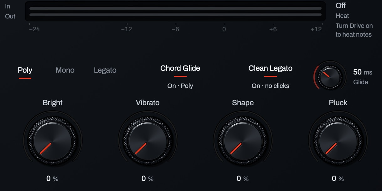 Poly selected with Chord Glide on, Clean Legato on and a 50 ms glide, over the factory lead Glass Ladder's four macros.