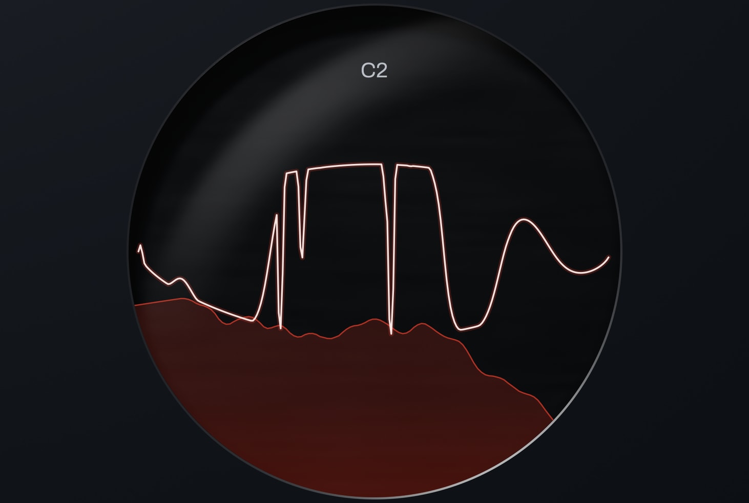 Kiln 1.0's round glass window on the factory bass Pulse Furnace: the waveform drawn over the red spectrum, with C2 above it.