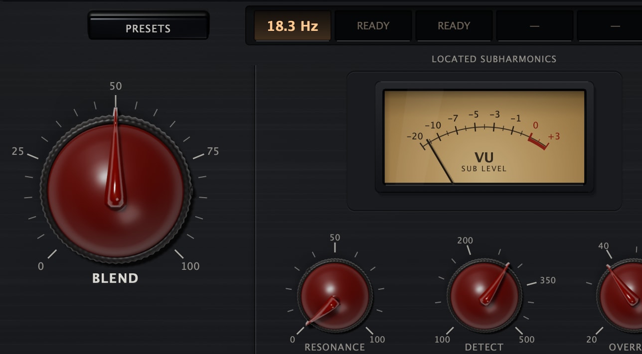 Plinth's BLEND knob engraved 0 to 100 with its pointer at 50, the SUB LEVEL VU beside it with the needle in the meter, and the RESONANCE and DETECT knobs below