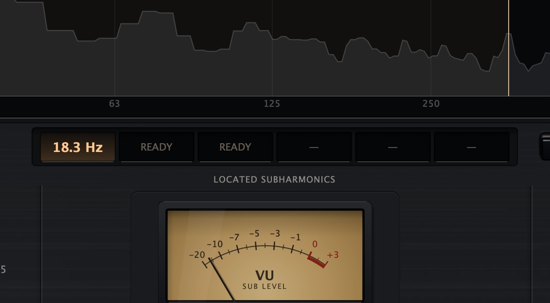 Plinth's LOCATED SUBHARMONICS row: six slots under the analyzer, the first lit at 18.3 Hz, the next two reading READY, the last three showing a dash