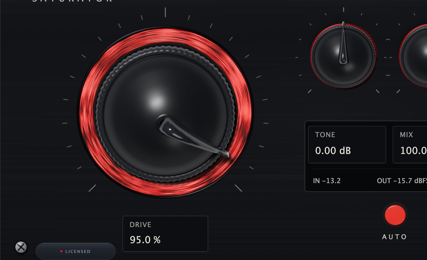 The Drive knob filling the left of the Stoke plate, its coal ring at full brightness, the tick ring around it, and the DRIVE field reading 95.0 percent below