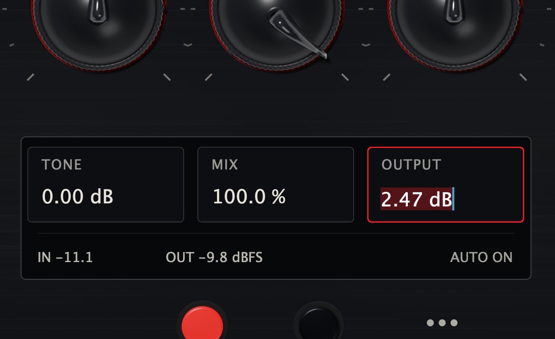 The Stoke value panel with TONE reading 0.00 dB, MIX reading 100.0 percent, and the OUTPUT field open under a laser red outline with the typed draft 2.47 dB selected and the caret showing