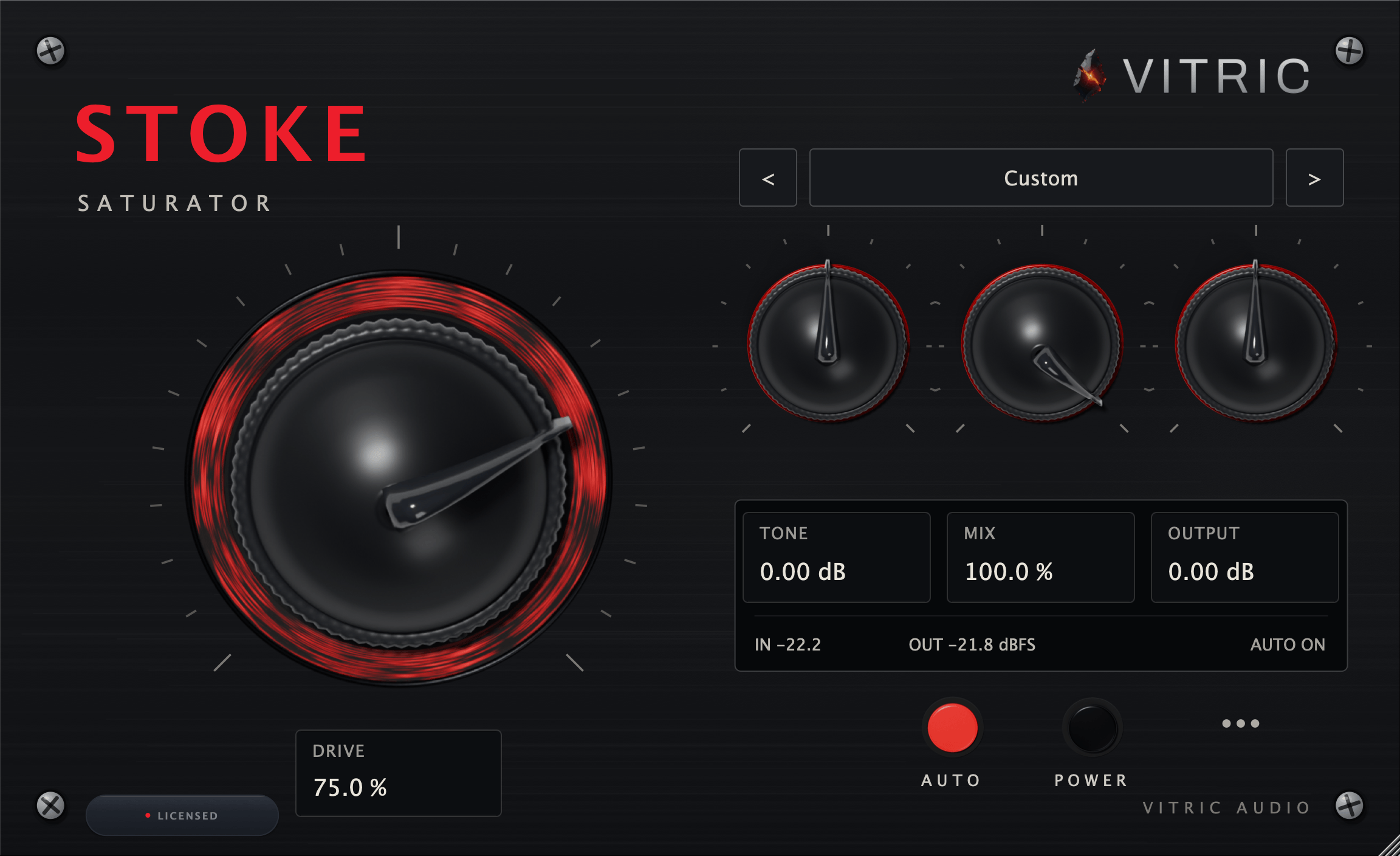 Stoke Saturator 0.2.0 licensed interface at the hero setting: the Drive knob inside its lit coal at 75.0 percent, Tone, Mix and Output in one row above their value fields, and the telemetry line reading IN at minus 22.2 and OUT at minus 21.8 dBFS with AUTO ON