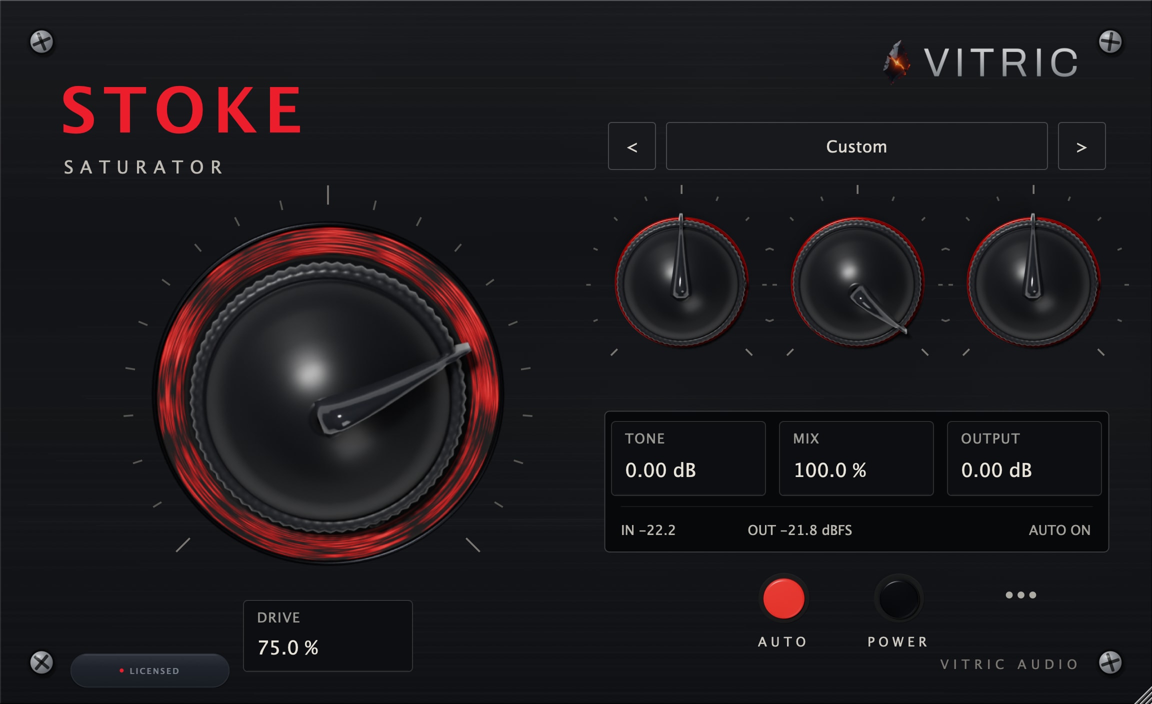 Stoke Saturator 0.2.0 licensed interface at the hero setting: the Drive knob ringed by the lit coal at 75.0 percent, Tone, Mix and Output in one row above their value fields, and the telemetry line reading IN at minus 22.2 and OUT at minus 21.8 dBFS with AUTO ON