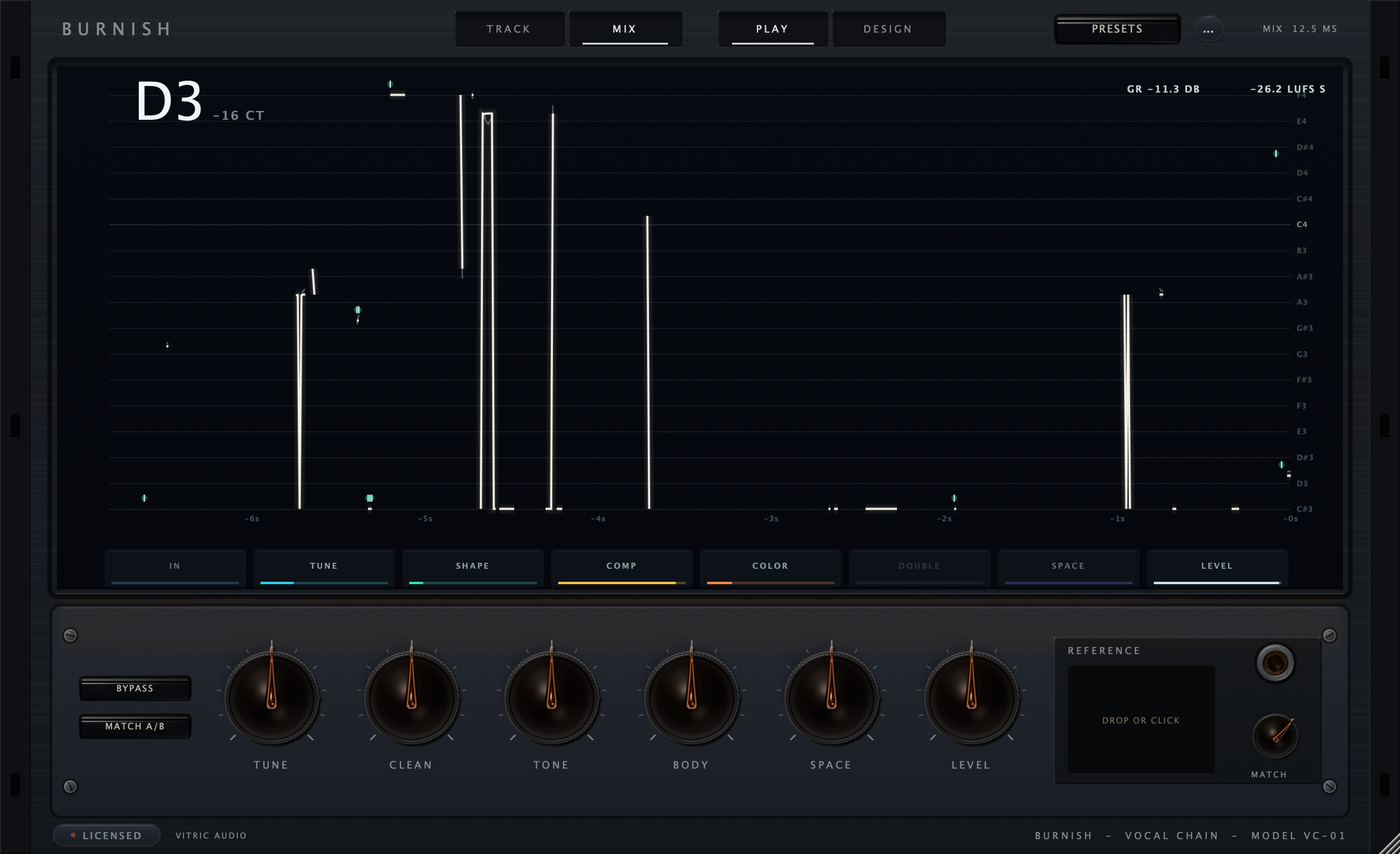 Burnish Vocal Chain in Play view, a real vocal take drawn as white light over the stage spectrum with the eight station tabs beneath