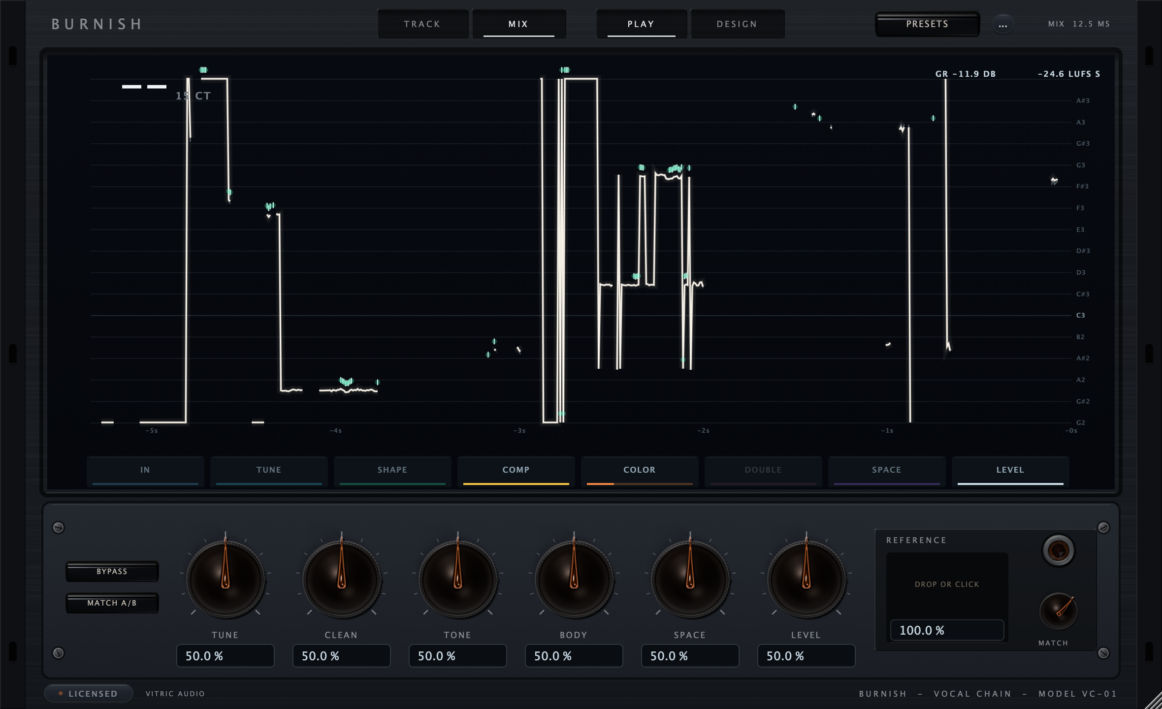 Burnish Vocal Chain in Play view on real music: a pitch trace drawn across the stage spectrum against its note ladder, the eight station tiles from IN to LEVEL beneath it, six macro knobs with their exact value fields, BYPASS and MATCH A/B at the left, and the REFERENCE well and MATCH knob at the right