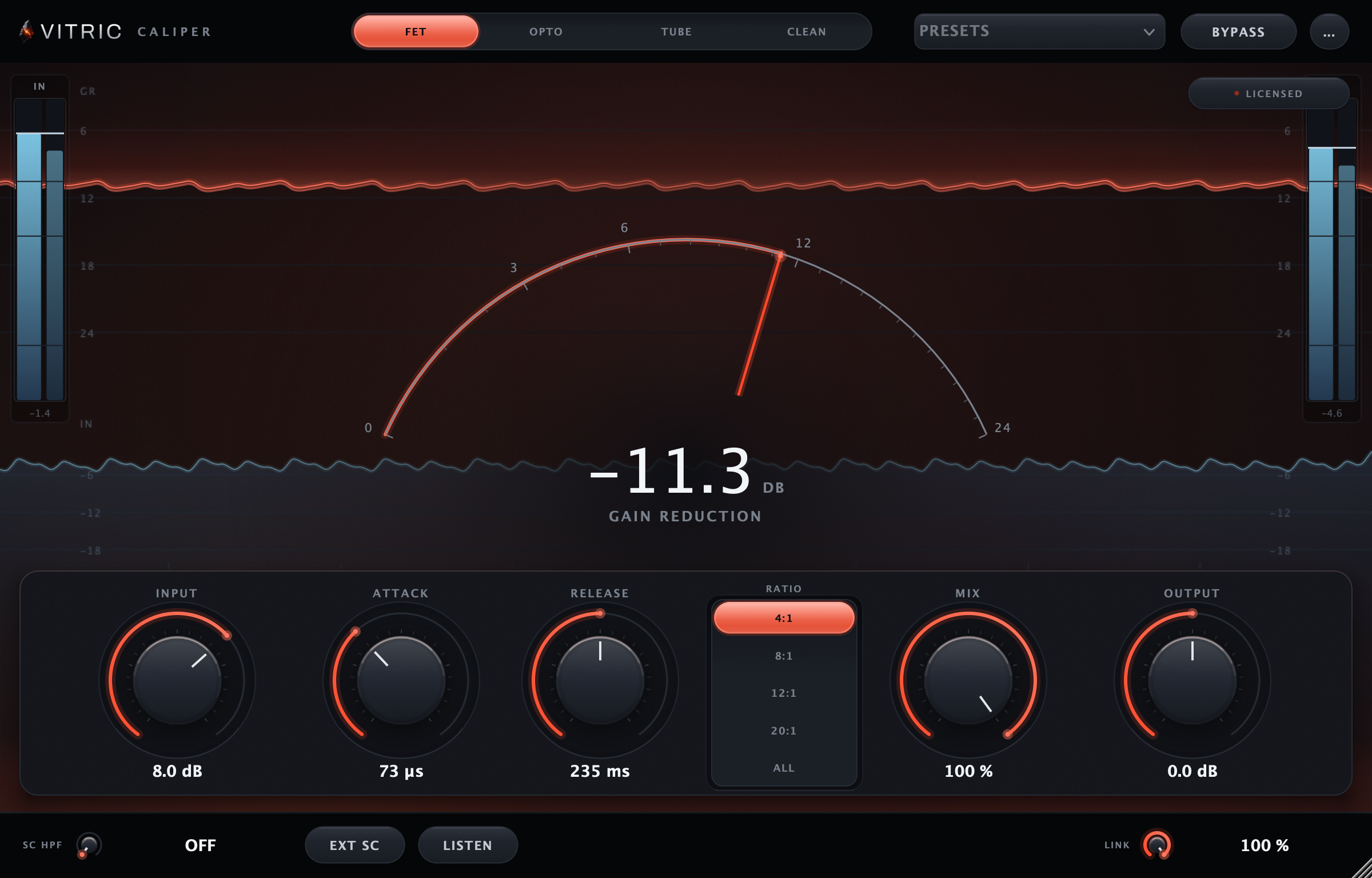 Caliper Compressor plugin in FET mode, ember light on a black glass gain reduction display