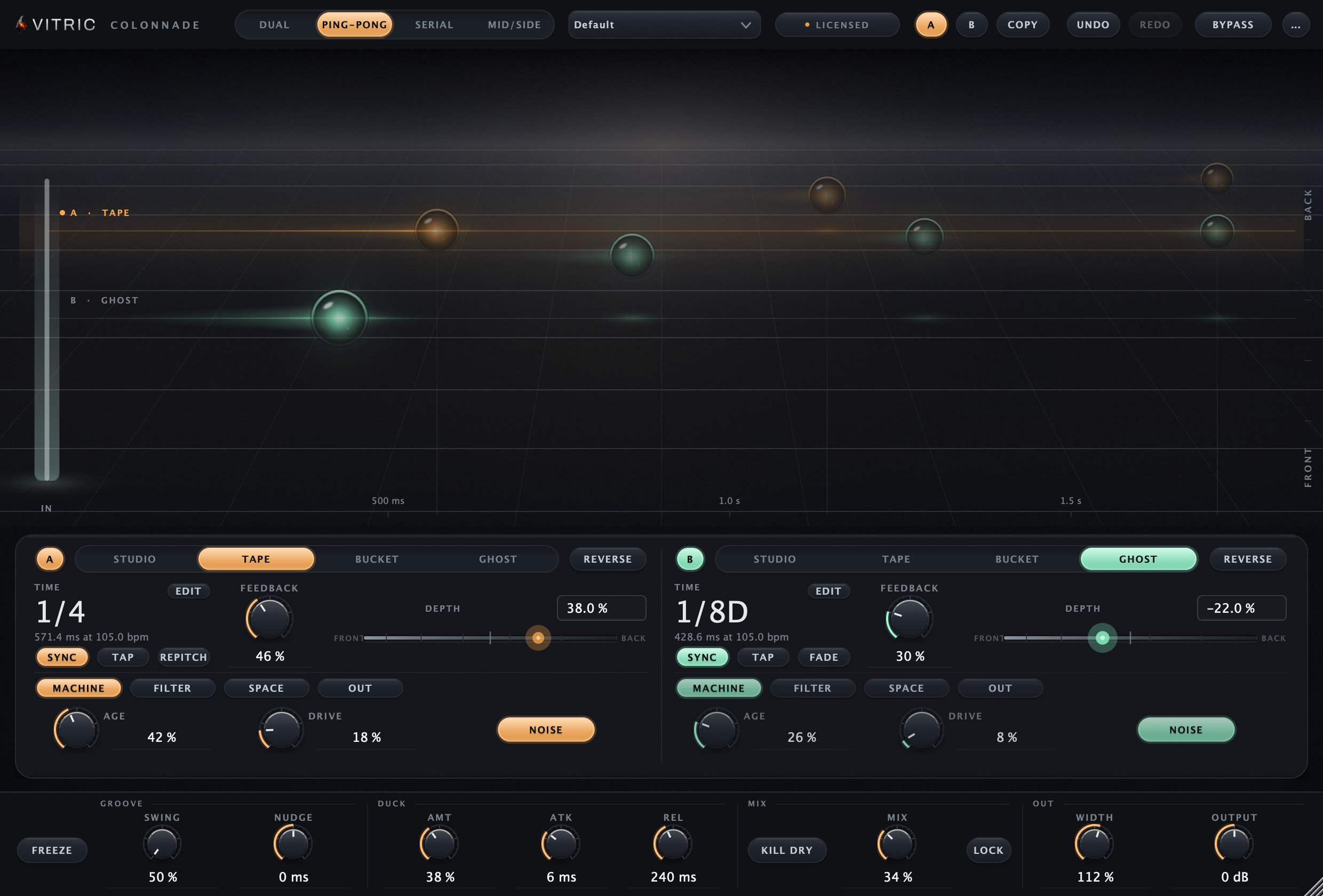Colonnade Delay 1.1.0, licensed, working on a 105 bpm beat: PING-PONG routing, engine A tagged TAPE on a synced 1/4 staged back and left, engine B tagged GHOST on a synced 1/8 dotted staged front and right, both echo trains alive along the stage's time ruler.