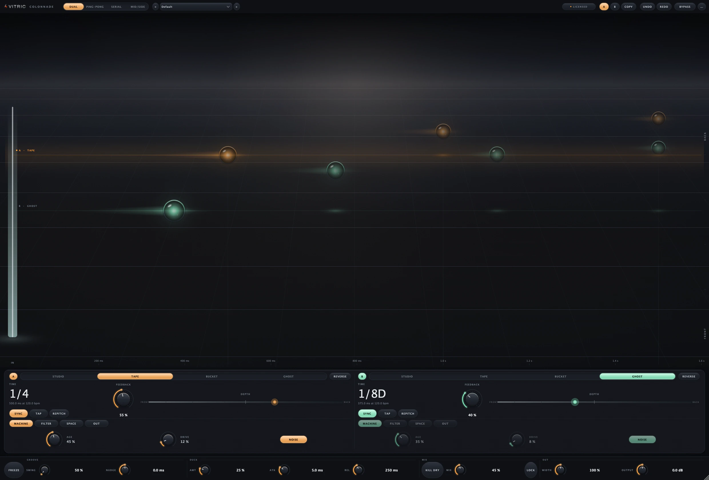 Colonnade Delay plugin with the tape engine focused, lamp-node echoes receding along a perspective stage over two full engine decks