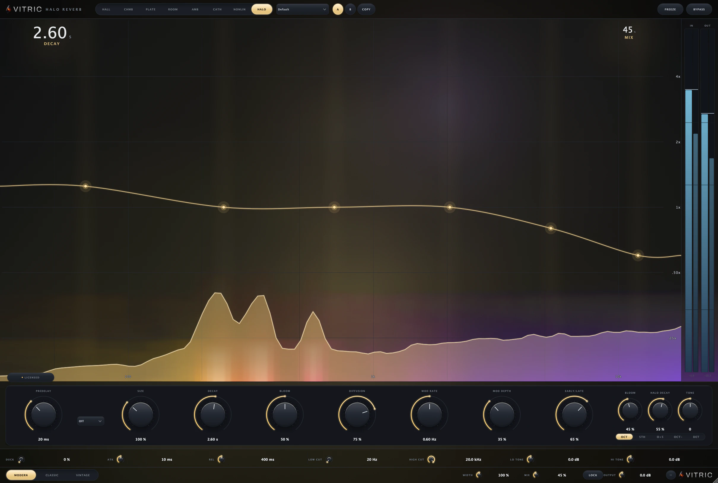 Halo Reverb plugin in the HALO space, the spectral light field running gold into violet under the six-band decay contour curve