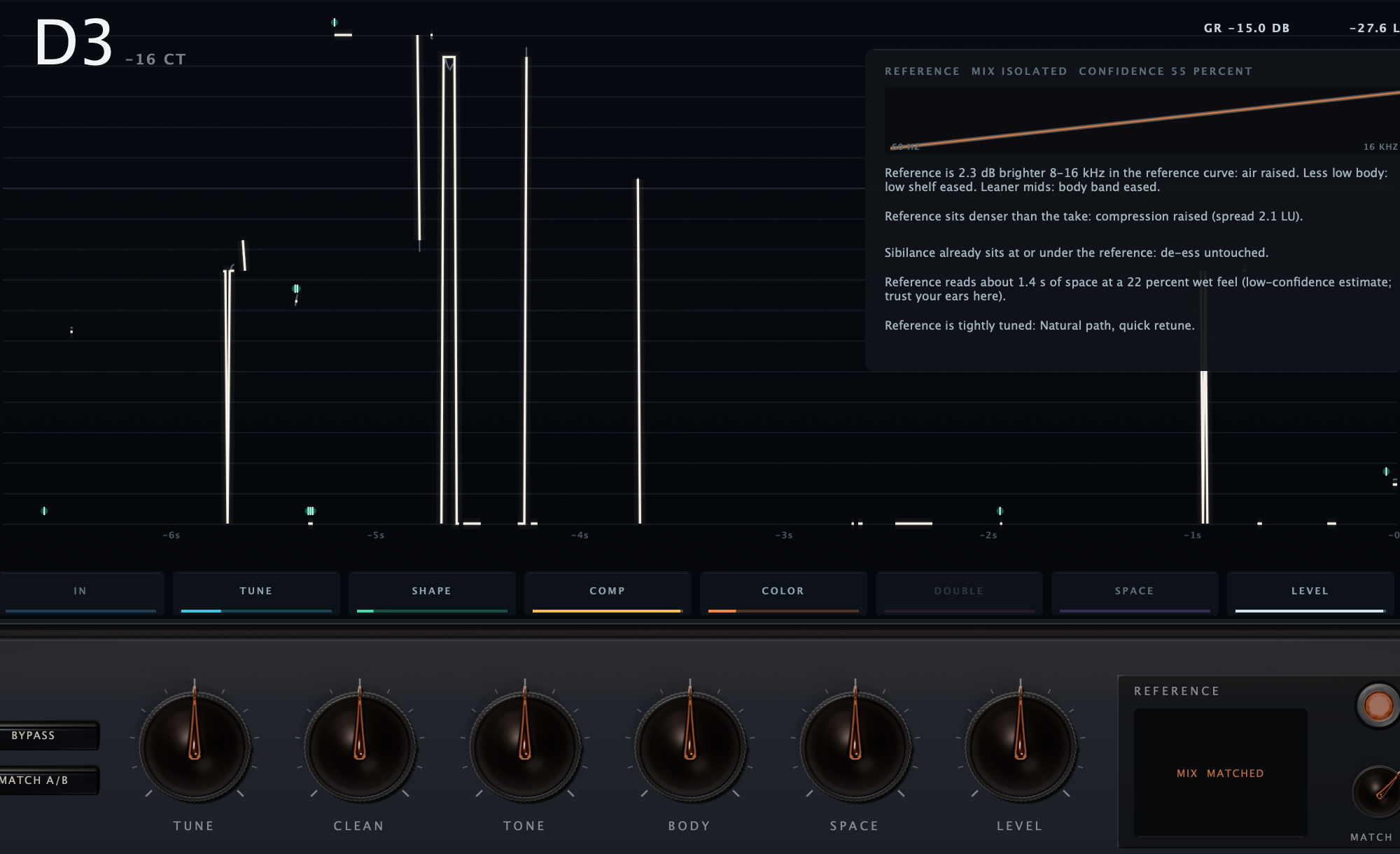 Burnish real editor with a reference profile fitted and its per-stage readouts populated
