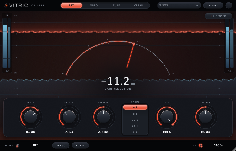 Caliper Compressor in FET mode with its history, gain-reduction and level meters visible