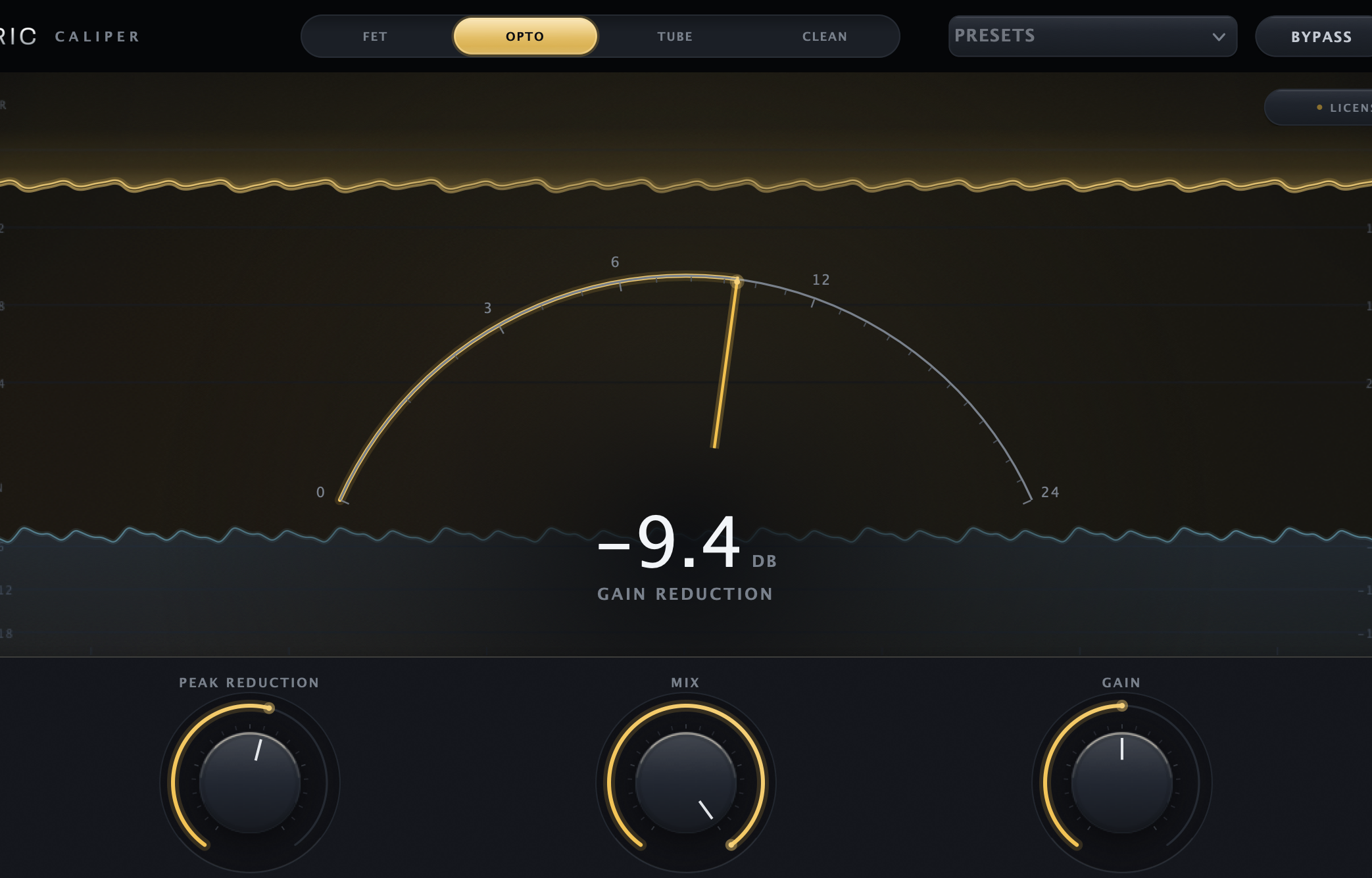 Caliper Compressor in licensed Opto mode with the OPTO label and gold machine light active