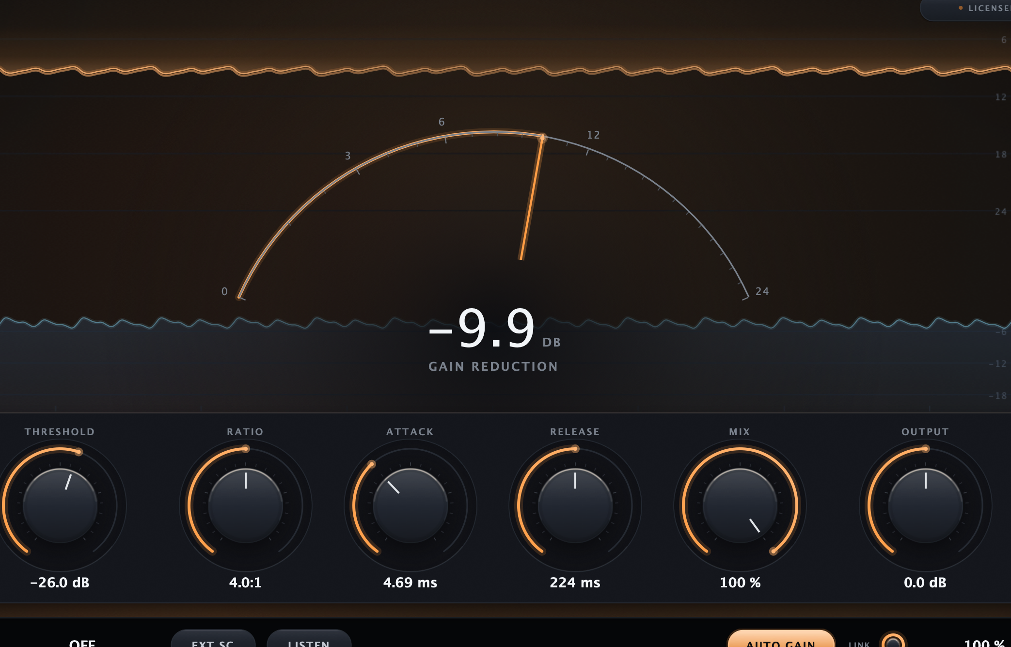 Caliper Compressor in licensed Tube mode with the TUBE label, amber machine light, and Auto Gain active