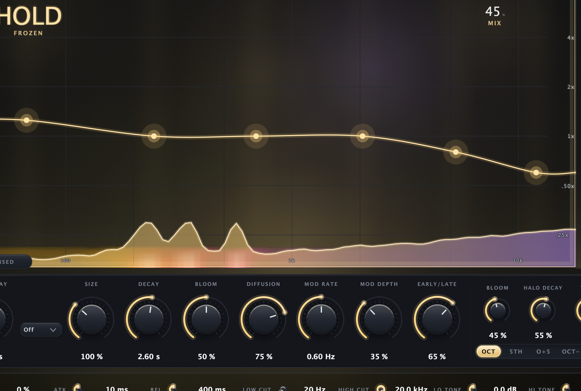 Halo Reverb licensed interface with the Halo space and Freeze control active