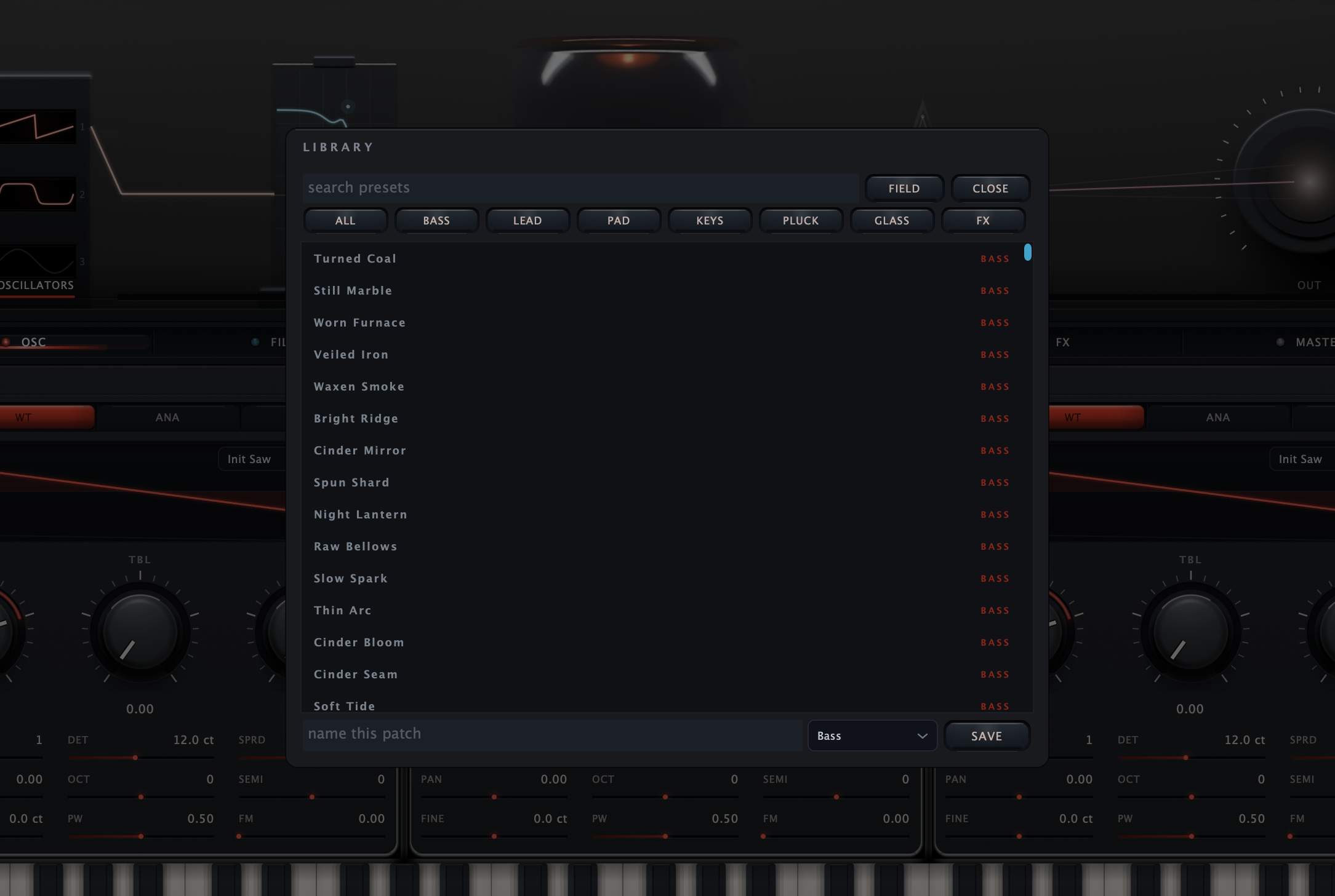 Kiln synthesizer licensed interface with its sound browser open