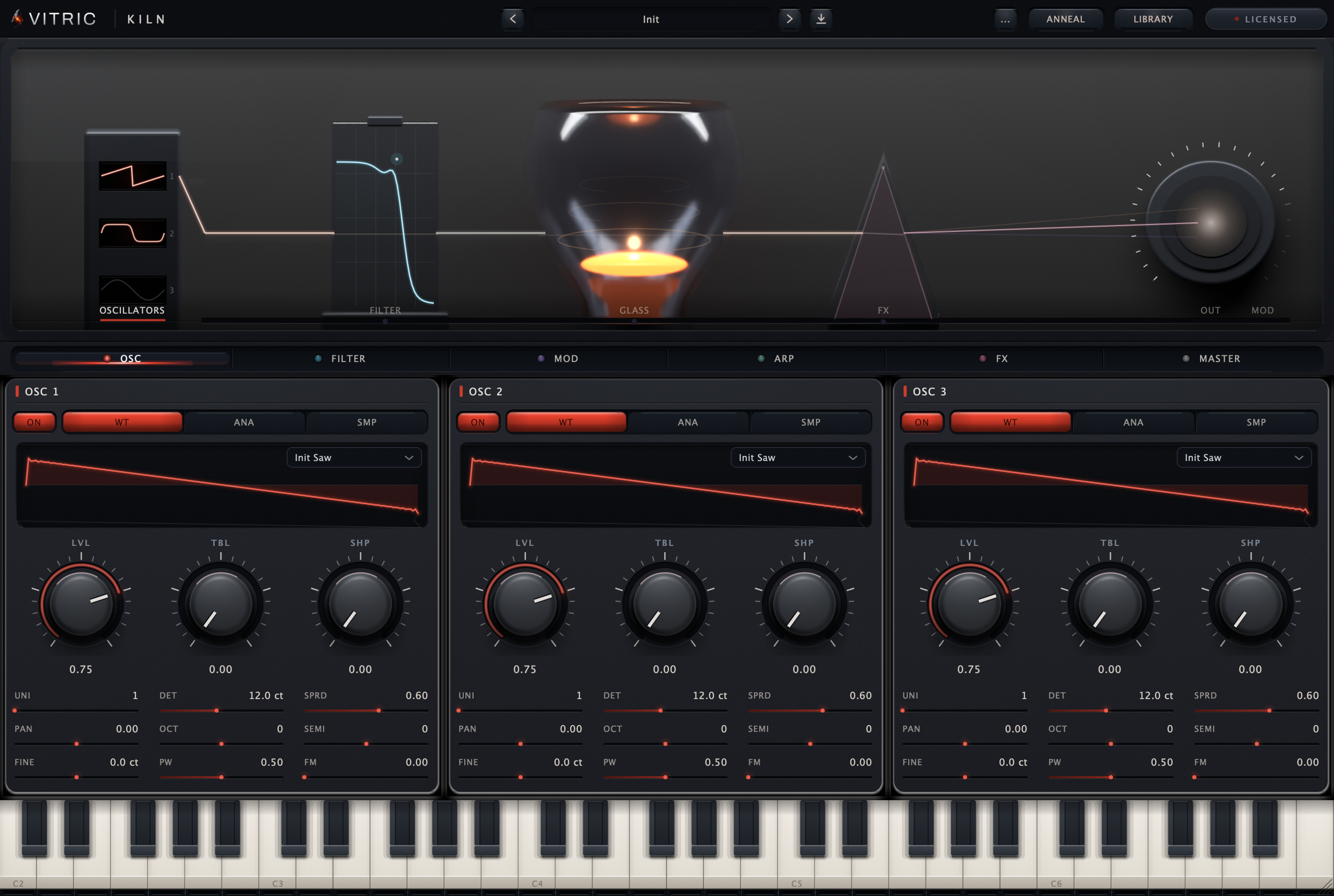 Kiln Synthesizer rendered by its own harness, the three oscillator slots on the revamped ember faceplate above the keyboard