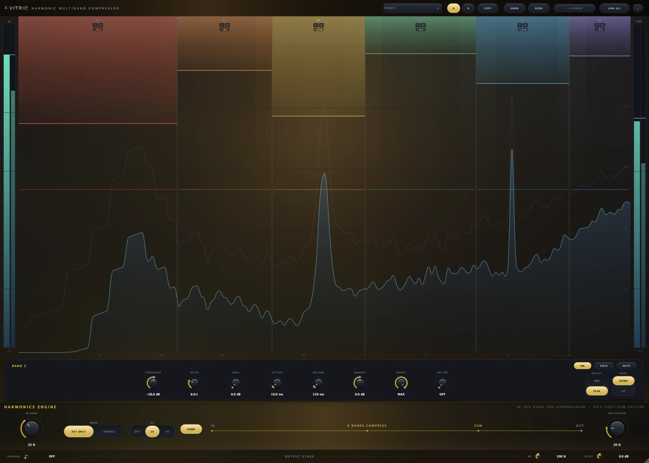 Harmonic Multiband Compressor plugin: pre and post spectrum analyzer with gain reduction curtains above the Harmonics Engine bar with drive, mode, oversampling and exciter controls