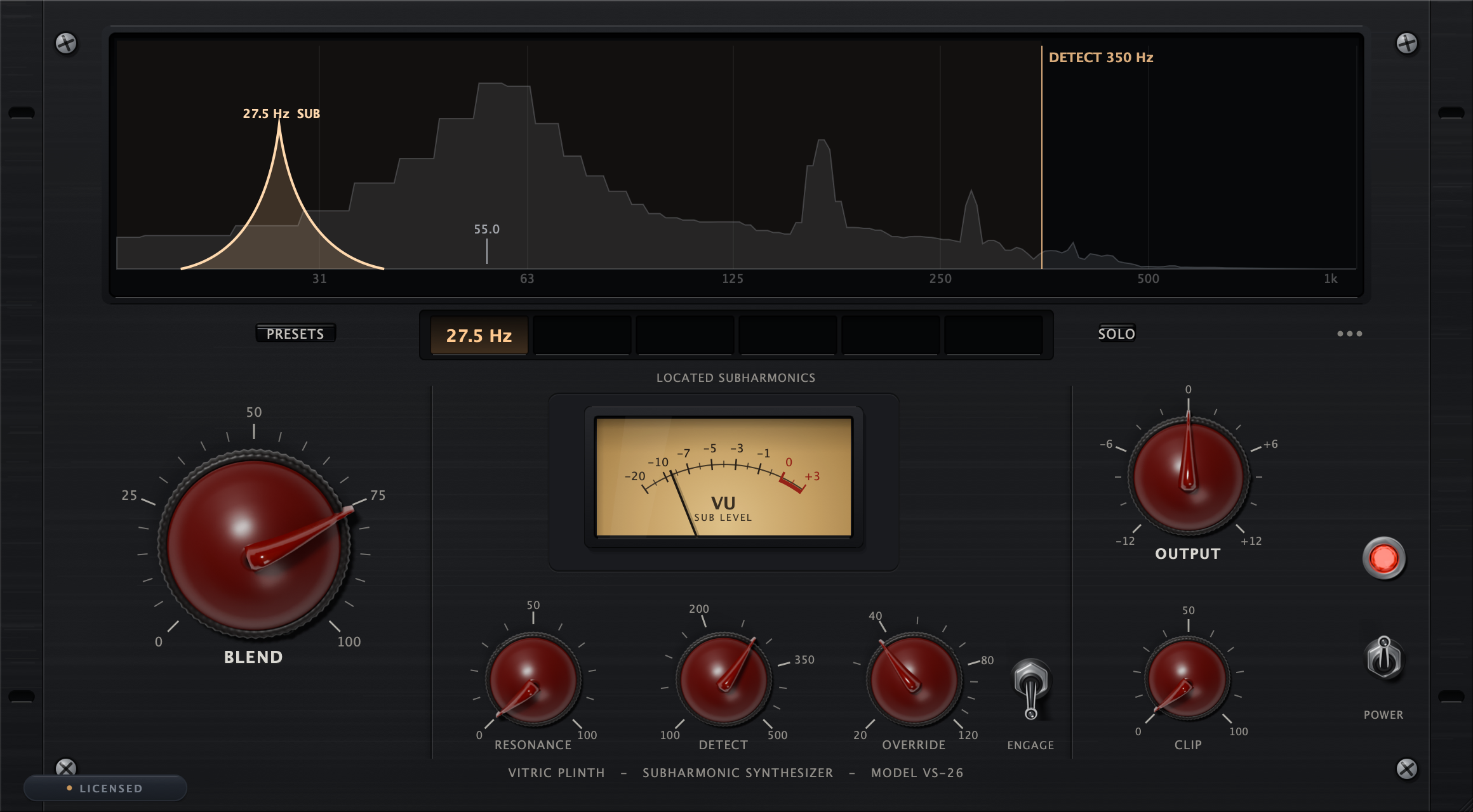 Plinth Subharmonic Synthesizer tracking a bass source, the located subharmonic chip reading its frequency and the generated sub drawn on the spectrum above the oxblood faceplate