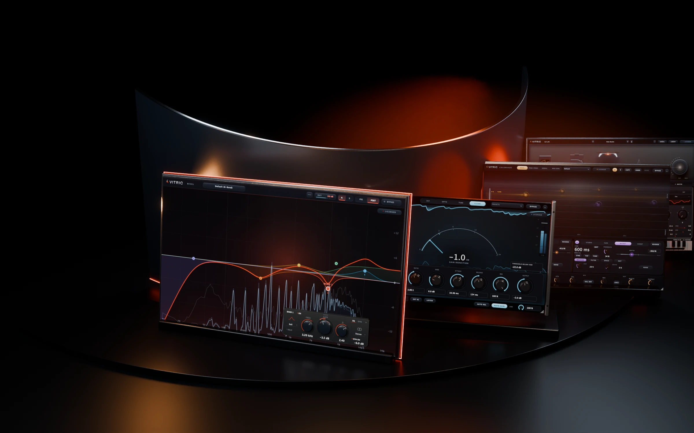 Vitric's black-glass audio instruments in a sculpted, ember-lit listening gallery