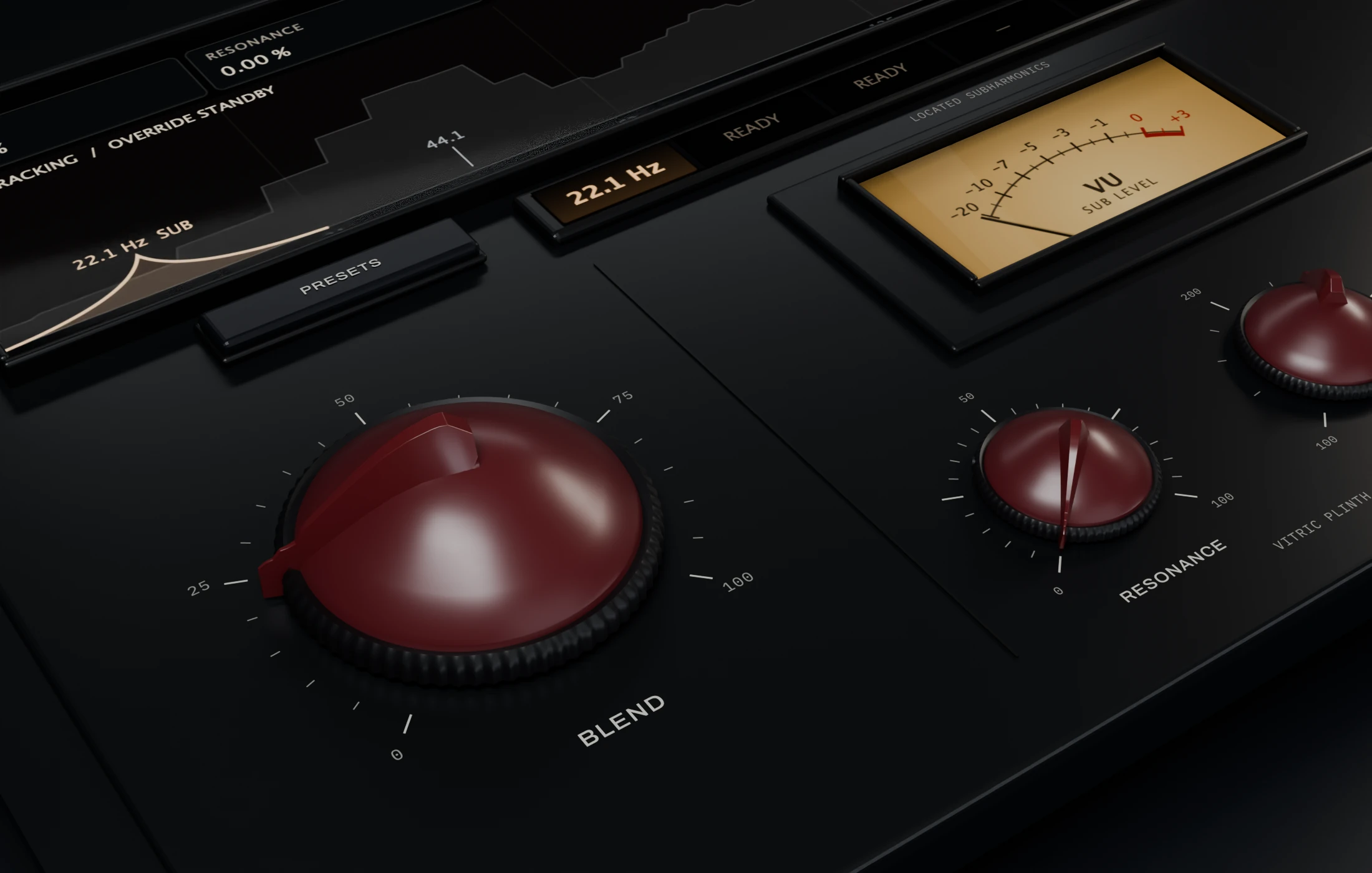 A close study of Plinth's sculpted oxblood blend control, spectrum display and sub-level meter